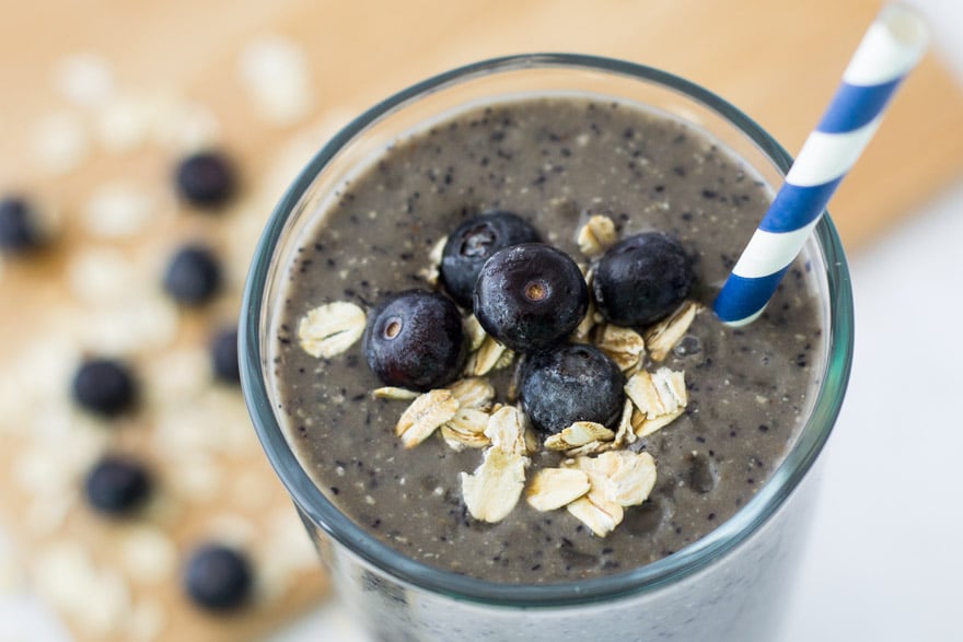 Breakfast smoothie with blueberries, banana, yogurt and oatmeal