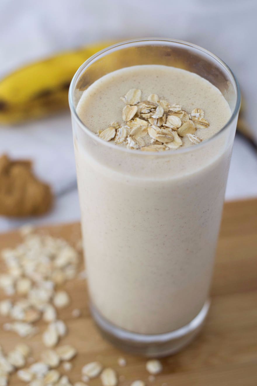 A smooth and creamy peanut butter banana breakfast smoothie is a great way to start the day. It'll fill you up, and it's a great meal on the go!