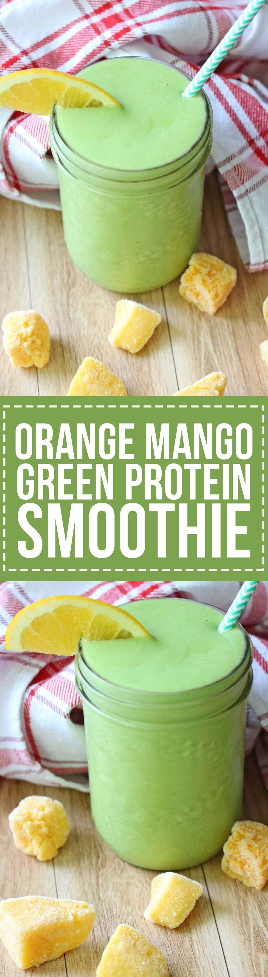 This Orange Mango Green Protein Smoothie is a great breakfast or post-workout pick-me-up with mango, orange juice, avocado, spinach, almond milk and your favorite protein powder.