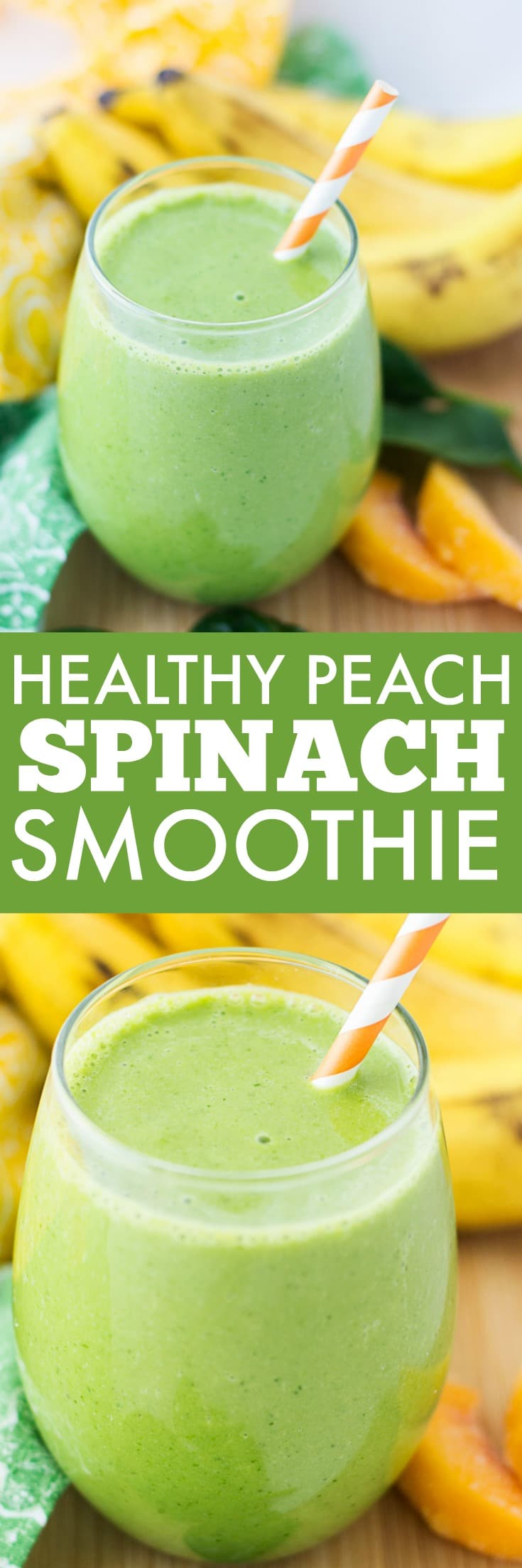 This green, healthy, delicious Peach Spinach Smoothie is going to be your new favorite drink. You get all the sweetness of the peaches and banana along with the nutrients from the spinach (without that spinach taste). It's so good!