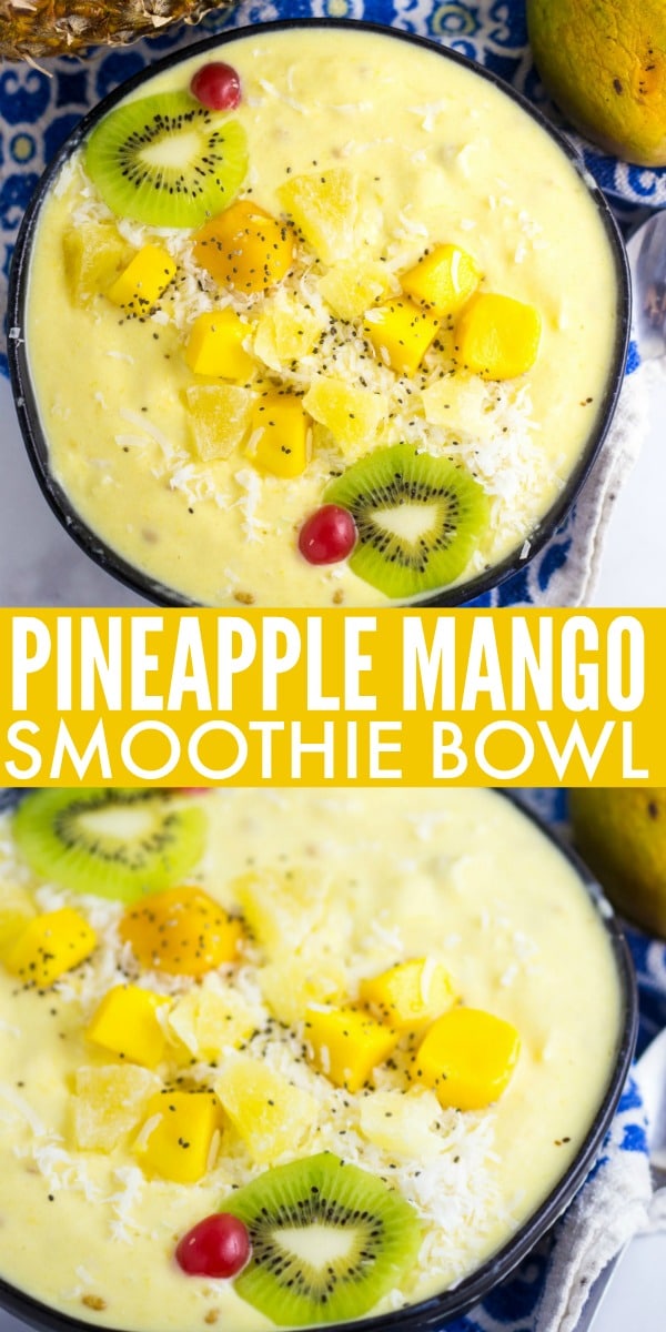 This Pineapple Mango Smoothie Bowl is a delicious way to start your day. It's thick, fruity and full of good-for-you vitamins and fiber.