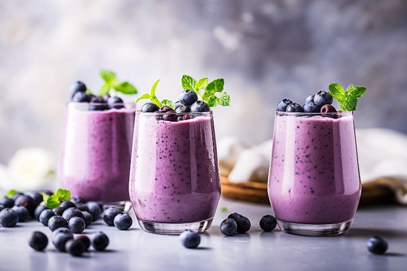 three glasses of blueberry smoothie