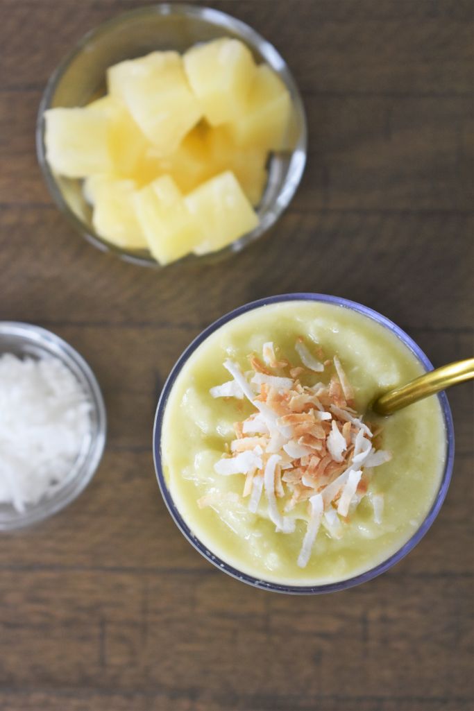 top down shot of pineapple avocado coconut smoothie